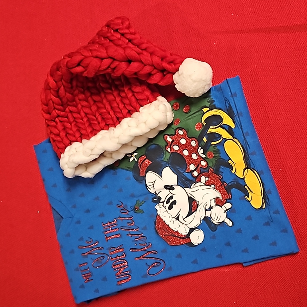 Minnie and Mickey Mouse Disney mistletoe holiday graphic tee Med. and Santa hat!